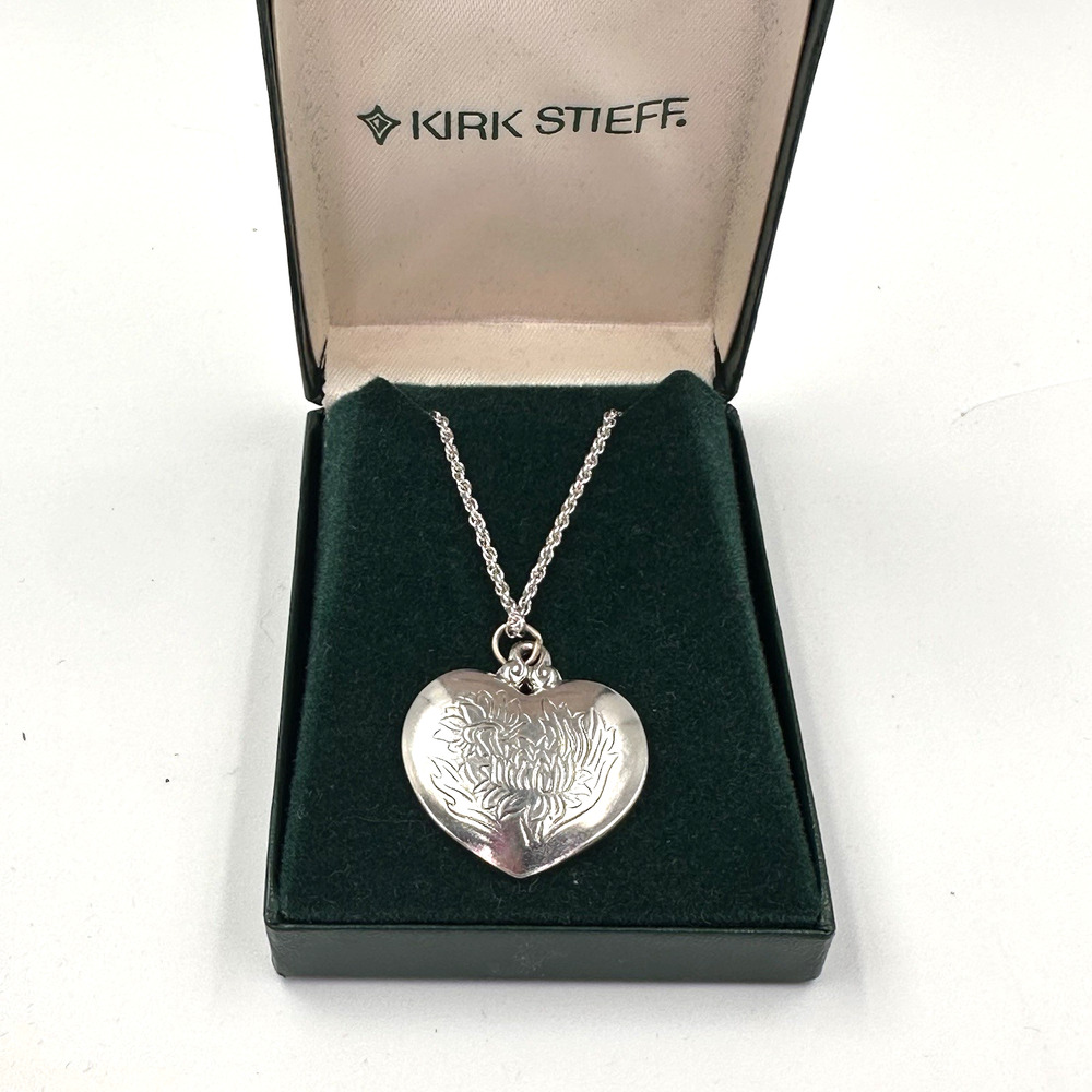 VTG Kirk Stieff Engraved Pewter Heart Necklace Chrysanthemum Pattern 16"